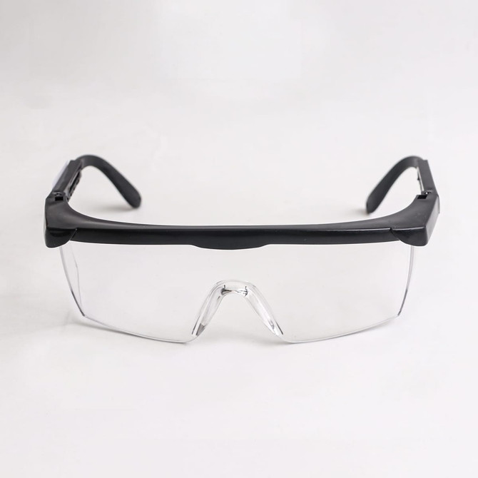 Anti-fog retractable goggles with a black frame and clear lenses, featuring a logo on the side.