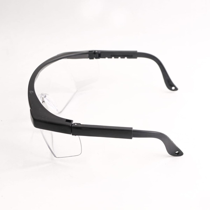 A pair of black anti-fog retractable goggles with clear lenses displayed at an angle.
