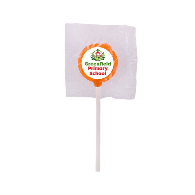 An orange lollipop on a white stick, wrapped in clear plastic, with a logo on the top.