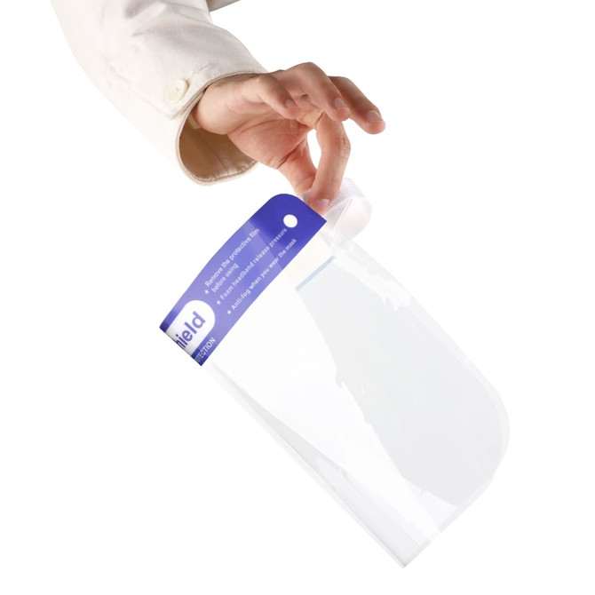 A clear, protective face shield being held by a hand, featuring a logo on the top.