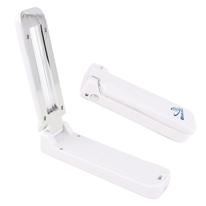 A portable UV sterilizer in white, featuring a foldable design with a chrome finish and a logo.