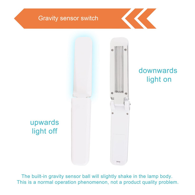 A portable UV sterilizer in white, featuring a gravity sensor switch and a slim design with built-in lights.