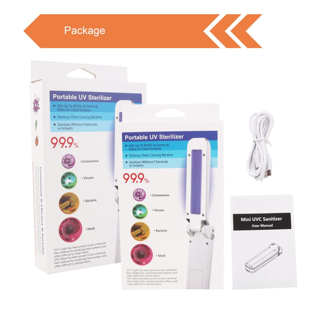 A Portable UV Sterilizer in a white and purple design with packaging, a charging cable, and a user manual.
