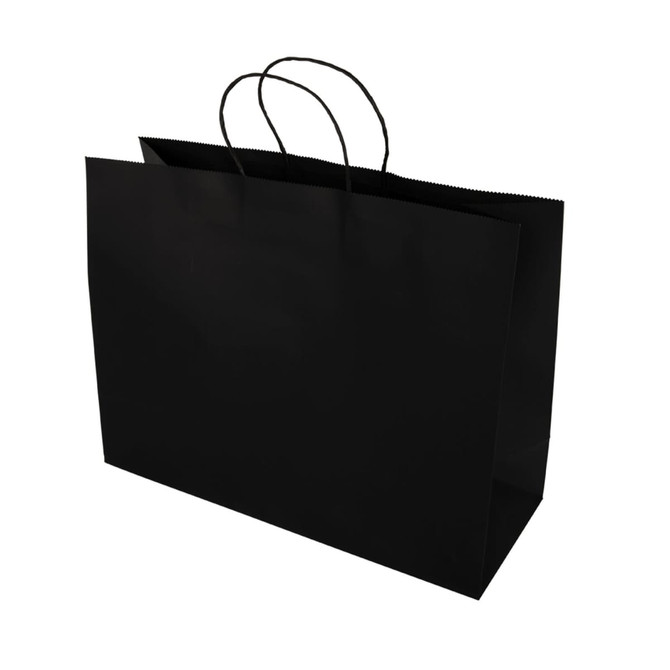 A black extra large paper bag with twisted handles and a smooth surface. The bag has a plain design and no text.