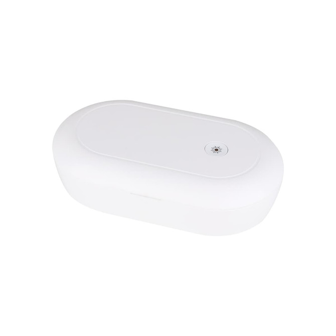 A white UV sterilisation box with a wireless charger and a small branding logo on the surface.