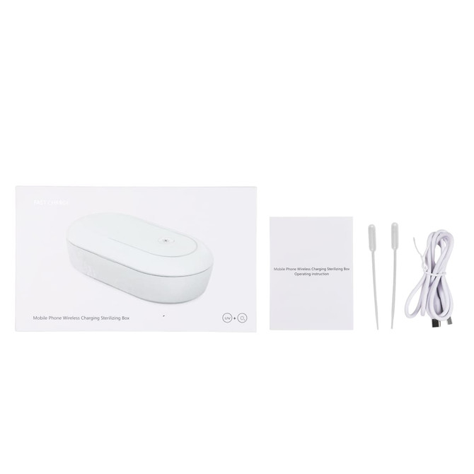 A white UV sterilisation box with a wireless charger, accompanied by a power cable, two cleaning tools, and an instruction manual.