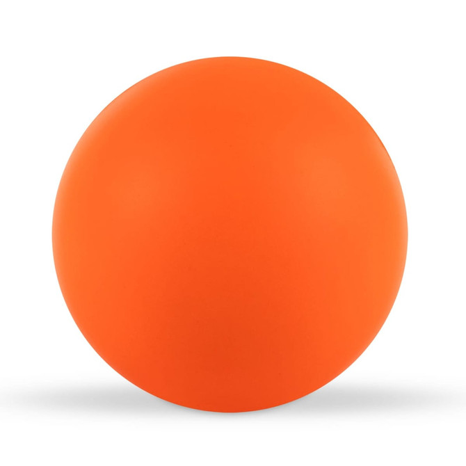 An orange round stress ball, featuring a smooth surface and a solid color design.