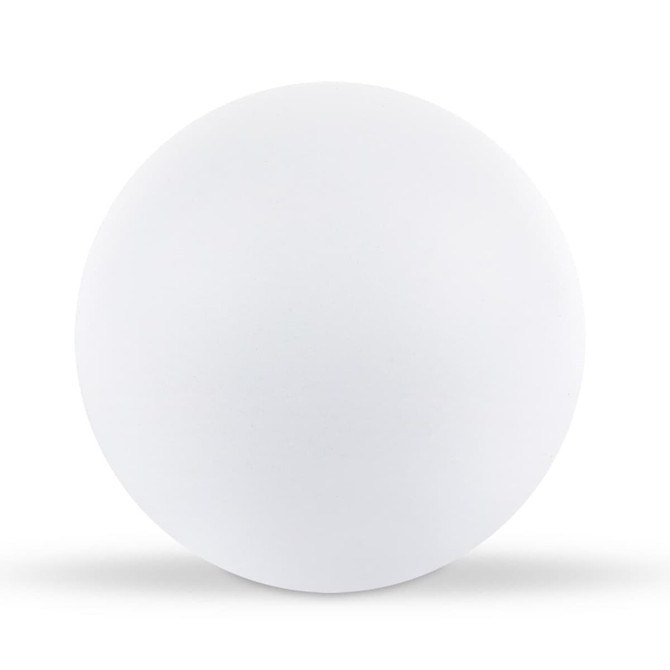 A round, white stress ball designed for fun and relaxation.