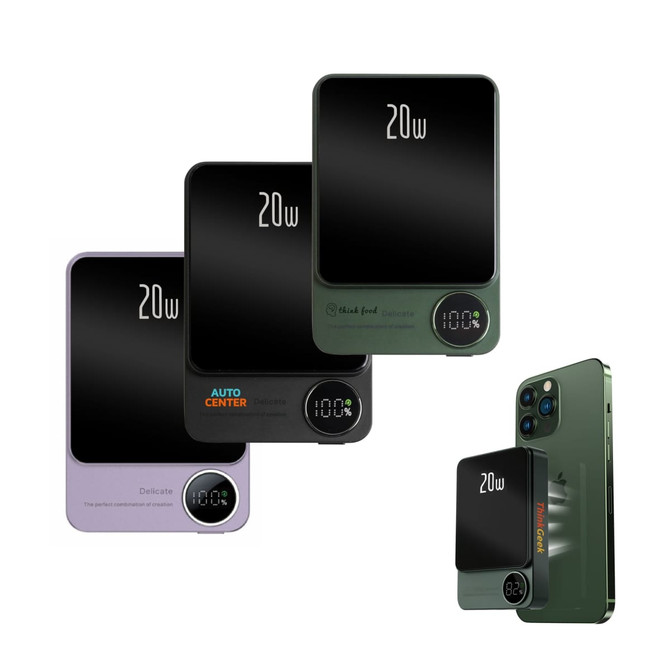 A collection of three 10000mAh magnetic wireless power banks in lavender, black, and dark green, with digital displays.