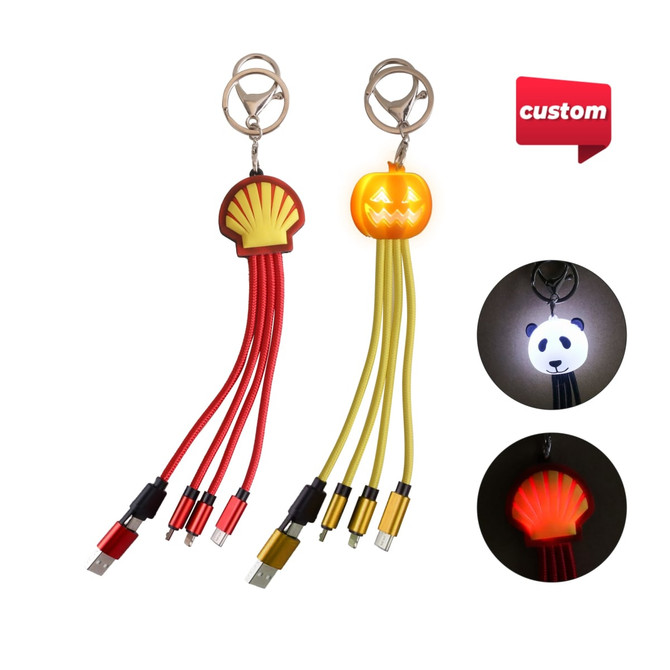 Custom shape light-up charging cables in red and yellow with keyring attachments, featuring various fun designs.