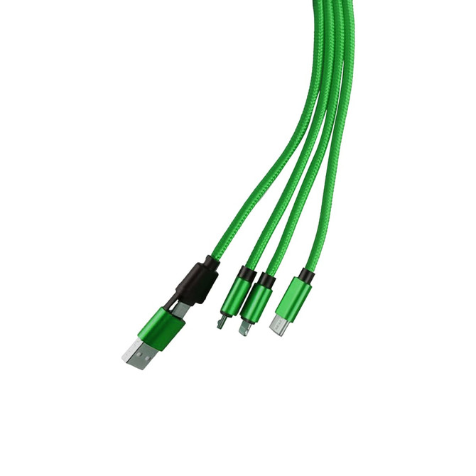 A green custom shape light-up charging cable with a keyring attachment, featuring multiple connectors.