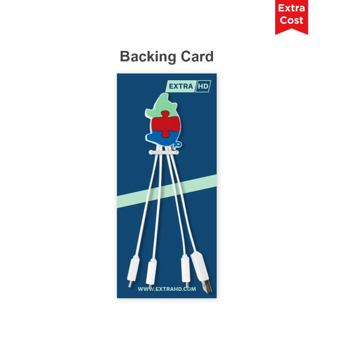 A promotional charging cable featuring a square shape with multiple connectors, presented on a decorative backing card.