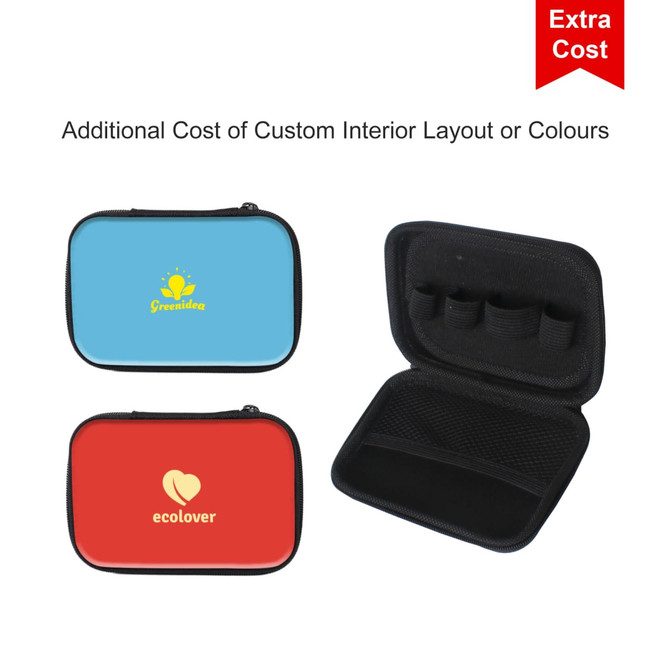A small zipper case in blue and red, featuring interior compartments, with one case showcasing a logo.