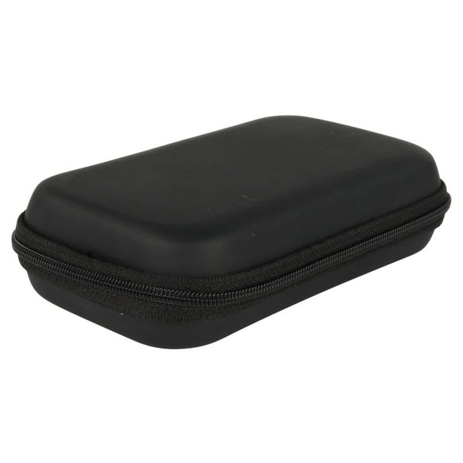 A black, rectangular zipper case with a hard shell exterior and a zipper around the edge. It features a logo.