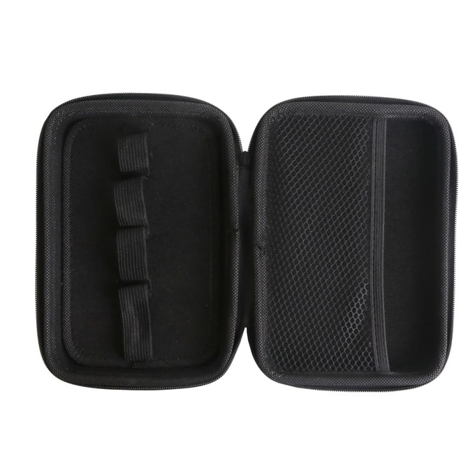 A large black zipper case featuring elastic straps and mesh pockets inside for organisation.