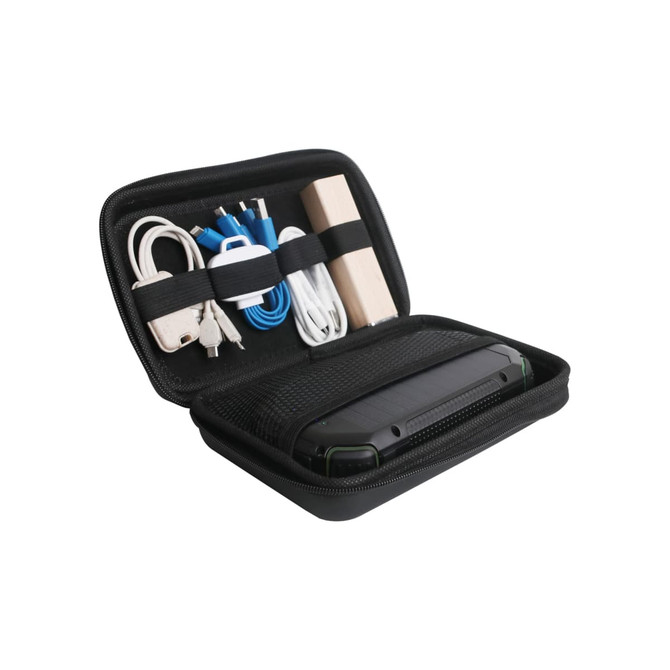 A black zipper case containing various cables, a portable charger, and a white charger, with a mesh pocket for organisation.
