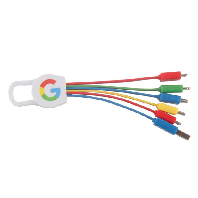 A 6-in-1 charging cable with multiple coloured connectors, featuring a white holder with a logo.