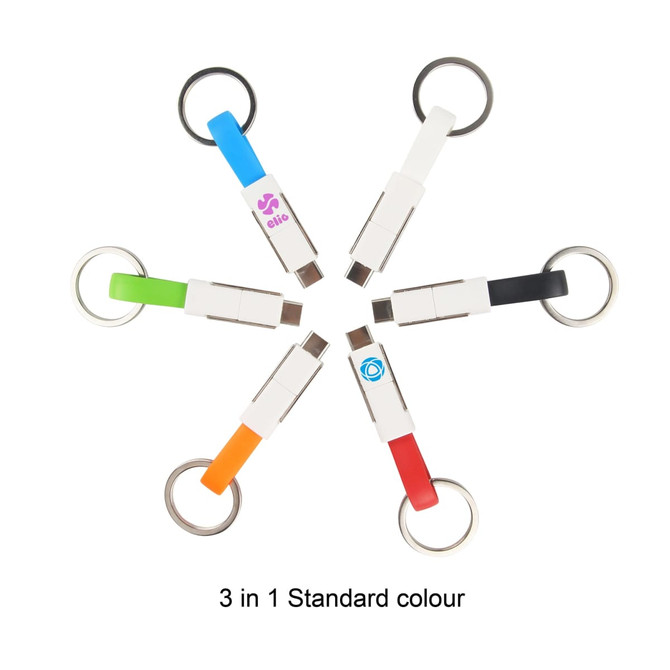 A collection of six magnetic charging cables in various colours attached to keyrings, each with a logo.
