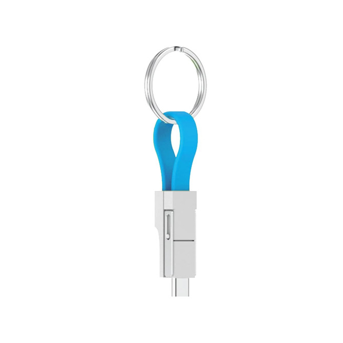A blue magnetic charging cable with a keyring attachment and a silver connector. Features a logo.