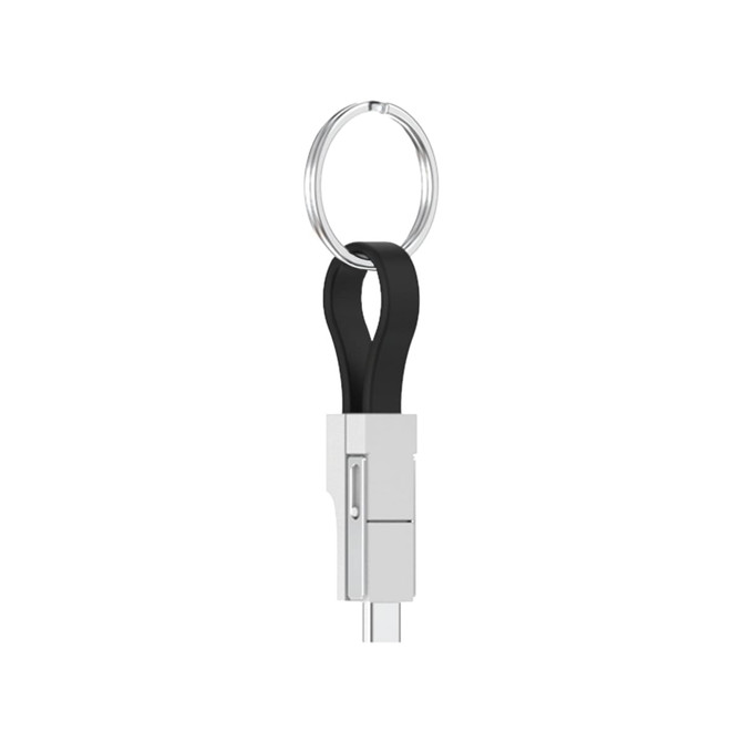A black and silver magnetic charging cable attached to a keyring, designed for easy storage and portability.