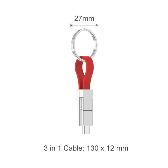 A magnetic charging cable with a keyring, featuring a red and silver design, compact and portable.