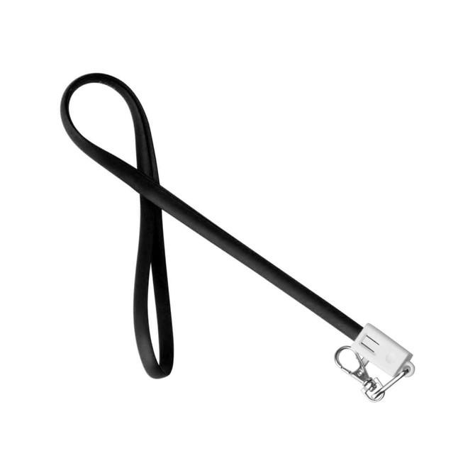 A black TPE lanyard charging cable with a silver clip at one end and a white connector.