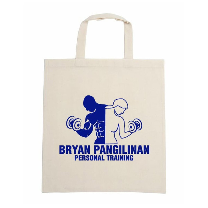 A natural-coloured calico bag featuring a blue graphic of two figures with dumbbells, and a logo.