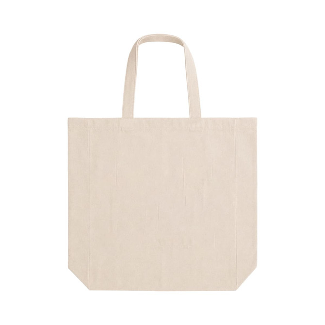 A light beige tote bag with short handles and a gusset, featuring a simple design and an unbranded appearance.