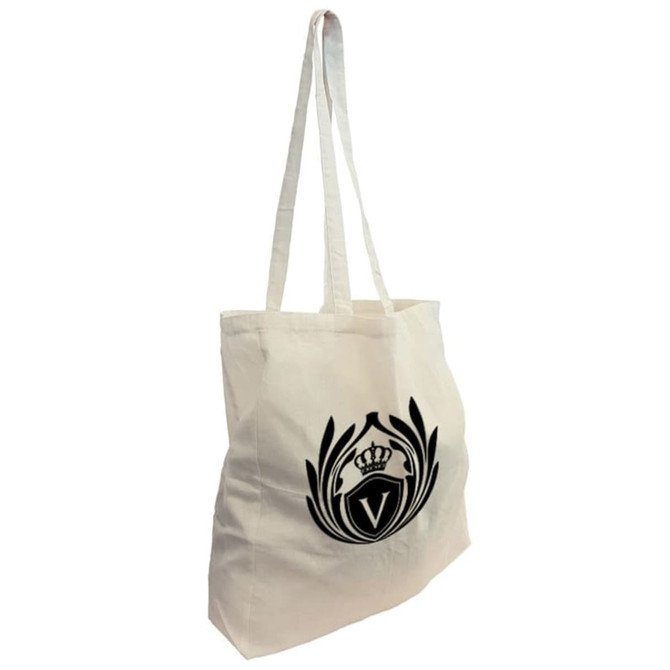 A cream-coloured long handle calico bag with a gusset, featuring a logo on one side.