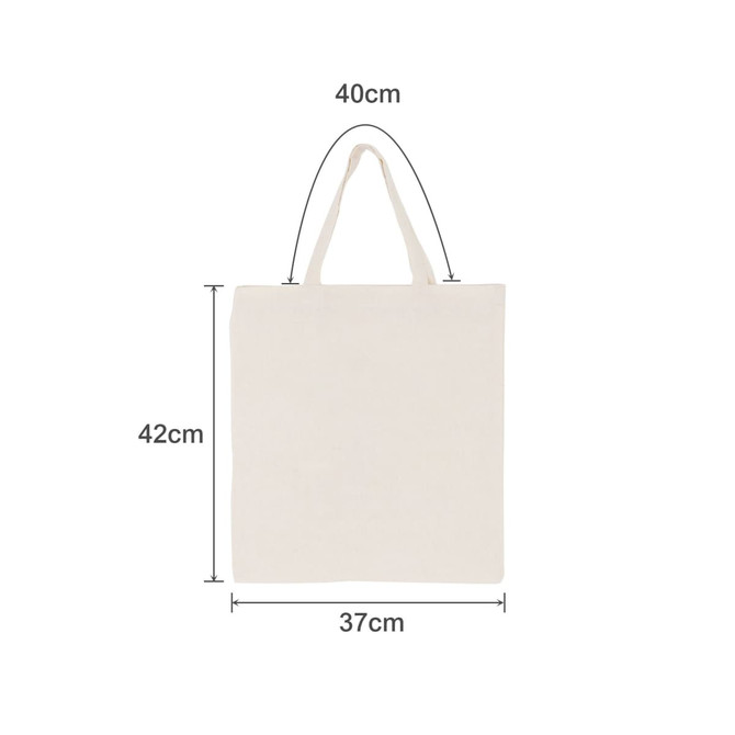 A cream-coloured short handle calico tote bag, measuring 42cm by 37cm, with a logo on its surface.