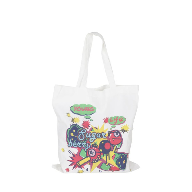 A white cotton bag featuring colourful graphics, including playful text and a logo. It has short handles for easy carrying.