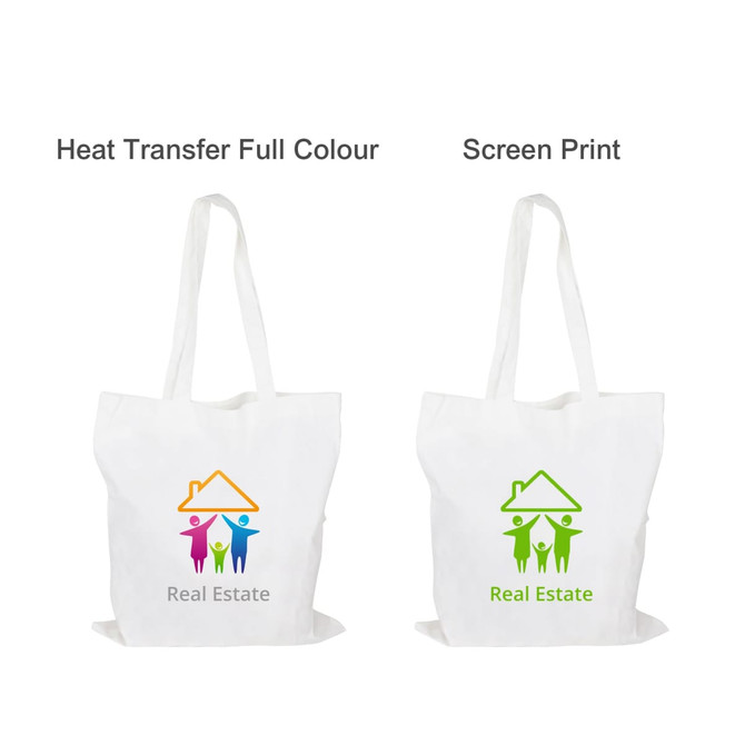 A white tote bag with two designs featuring colourful figures and a house outline, showcasing heat transfer and screen print options.