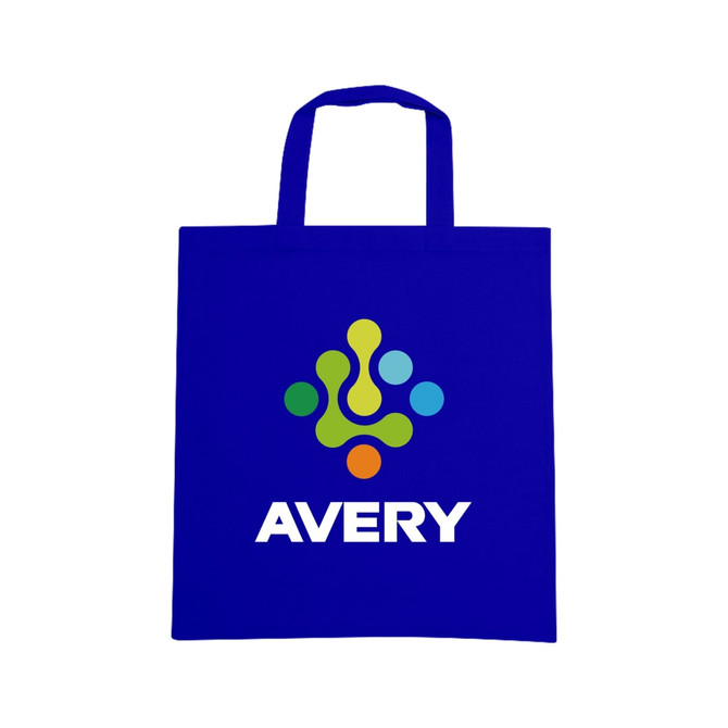 A blue cotton bag with short handles and a logo featuring abstract shapes and text.
