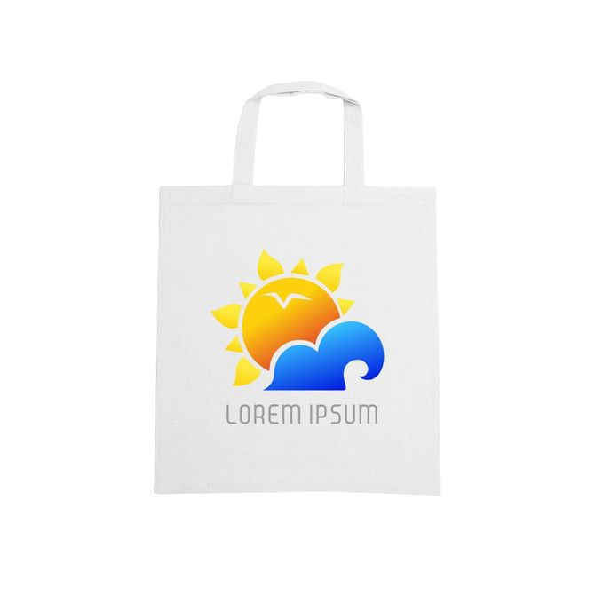 A white cotton bag with short handles featuring a sun and wave design, along with a logo.