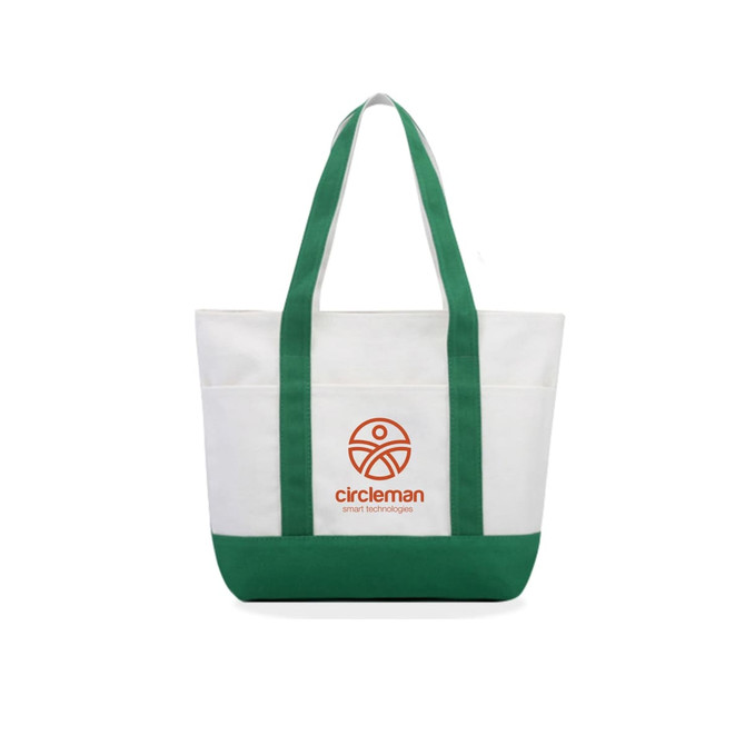 A medium canvas tote bag in white and green, featuring a logo on the front.