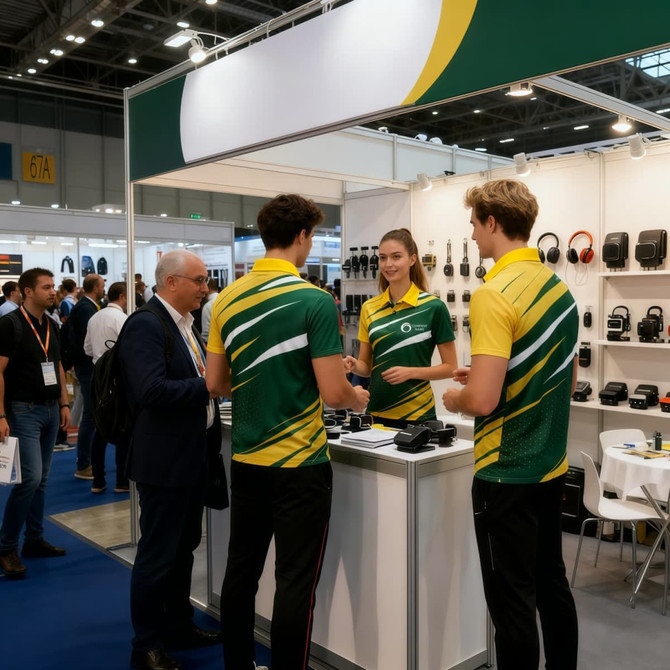 A group of people wearing green and yellow polyester polo shirts at a trade show, interacting at a display table.