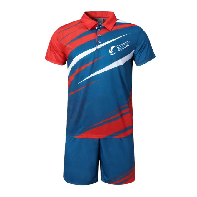 A blue and red polo shirt with a pattern, featuring short sleeves and a collar, along with matching shorts and a logo.