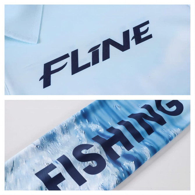 A light blue polo shirt featuring a sublimated water design and a logo. It is designed for fishing enthusiasts.