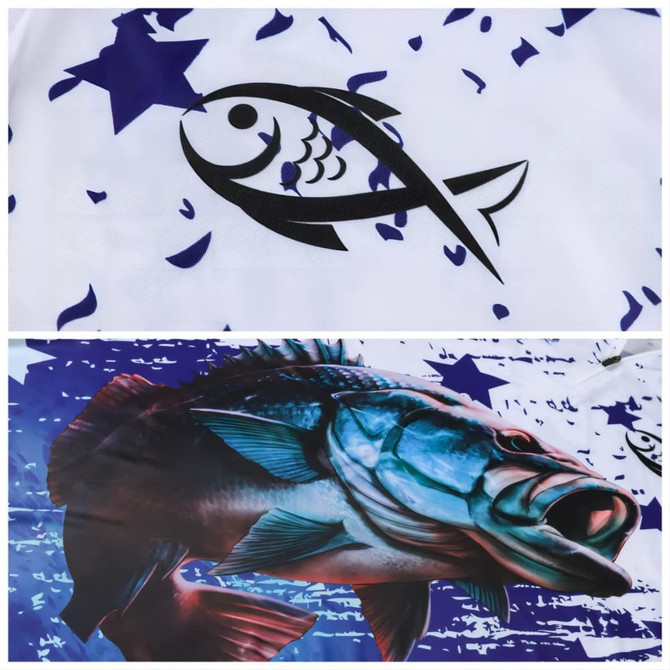 A fishing shirt featuring a black fish design and abstract blue stars on a white background.