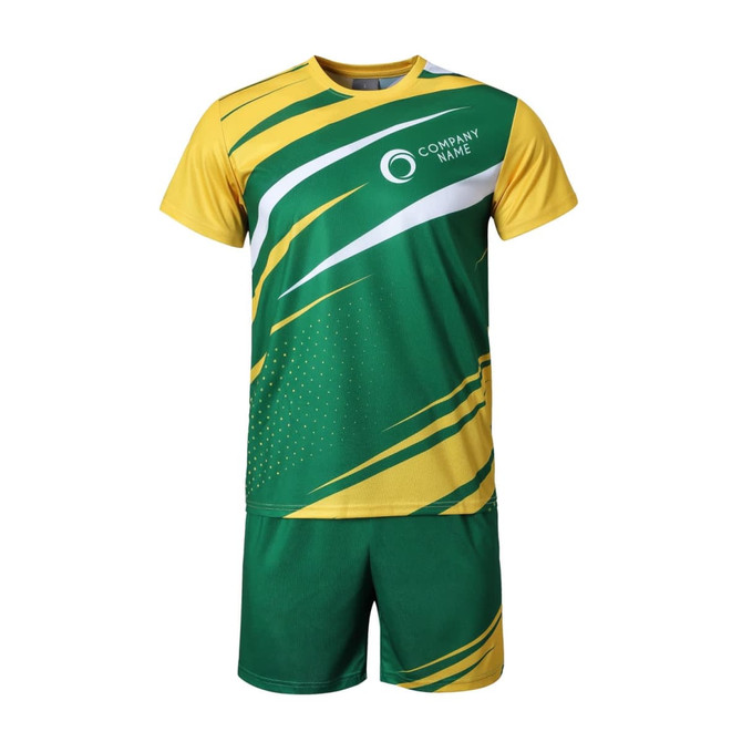 A green and yellow 100% polyester sports tee shirt with abstract patterns and a logo. Features matching shorts.