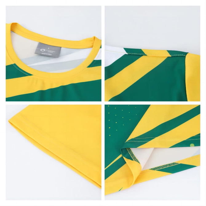 A green and yellow 100% polyester sublimated sports tee shirt featuring a logo and geometric patterns.