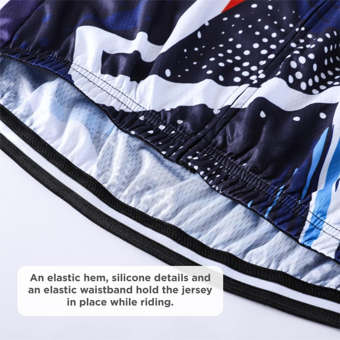 A close-up of the hem of a vibrant cycling jersey featuring a multicoloured design and an elastic waistband with branded details.