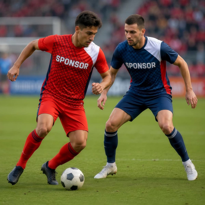 Two athletes in reversible jerseys, one red and one navy, competing on a sports field with a soccer ball.