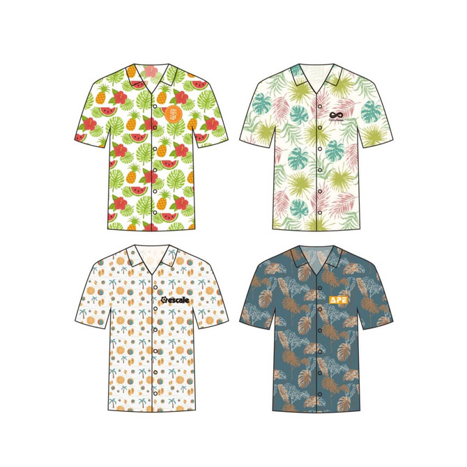 Four vibrant men's button-up shirts in various patterns, featuring tropical fruits and foliage in bright colours. Each shirt has a logo.