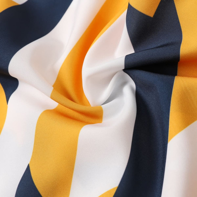 A fabric close-up featuring bold yellow and navy blue wavy patterns on a smooth polyester spandex blend.