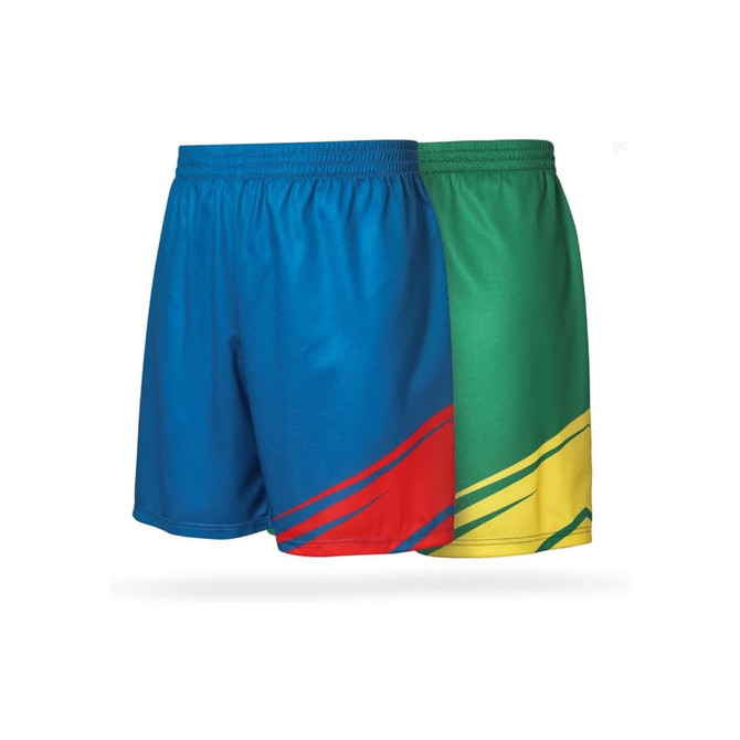 Unisex adults' soccer shorts in blue and green, featuring vibrant red and yellow designs, with a logo.
