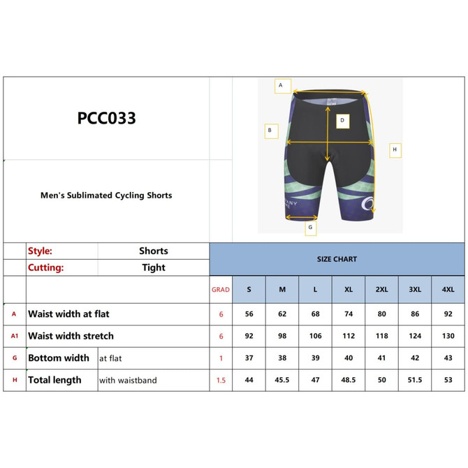 Men's sublimated cycling shorts in a tight fit, featuring various colours and a logo. Size chart included.