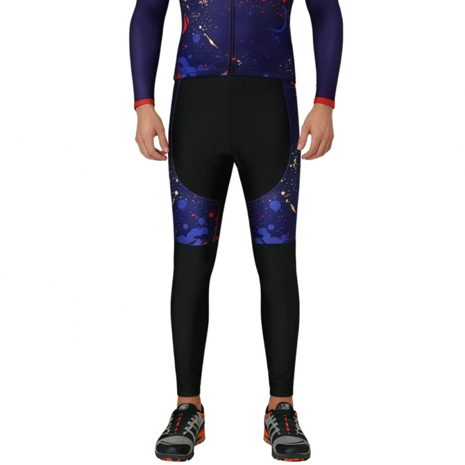 Men's sublimated cycling tights in a combination of black and a cosmic pattern with purple accents, featuring a logo.