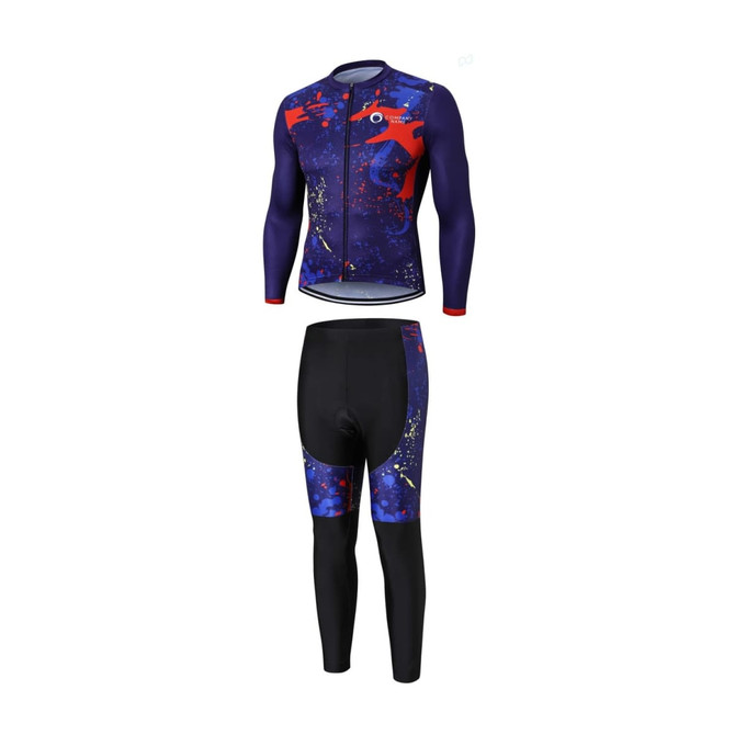 Men's sublimated cycling tights featuring a vibrant purple design with abstract patterns and a matching long-sleeve jersey.