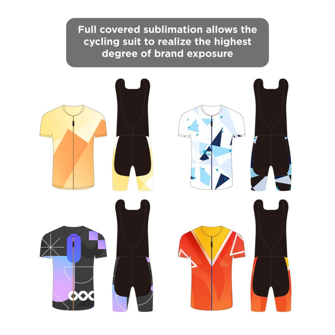 Men's sublimated cycling bib shorts featuring vibrant designs in orange, blue, black, and red, with a logo present.